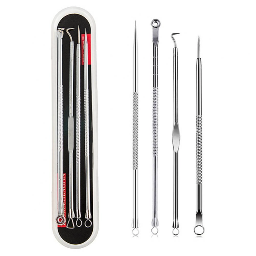 4 Piece Blackhead, Acne & Comedone Removal Kit With Travel Case - Silver