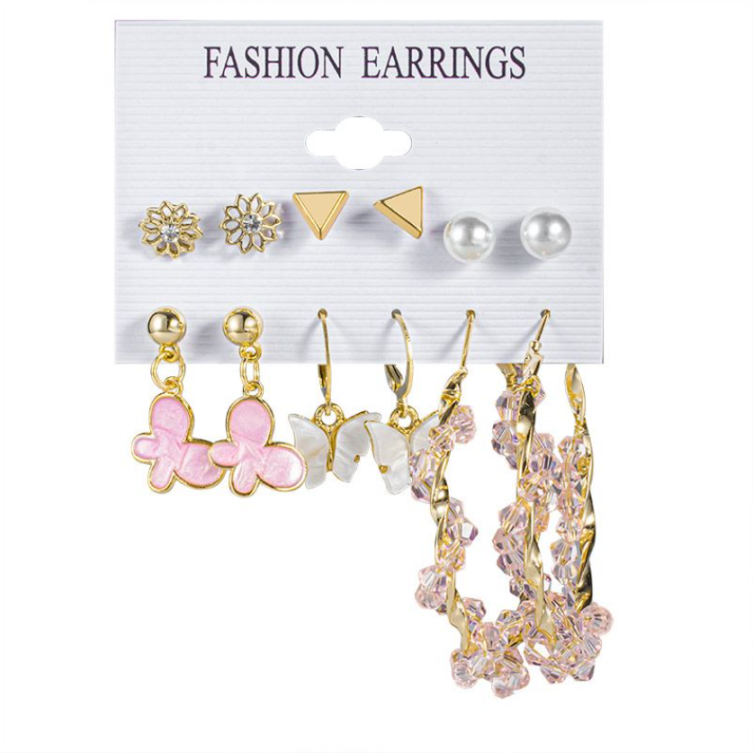 Acrylic Butterfly Dangle & Stud Earring Set - 6 Pairs