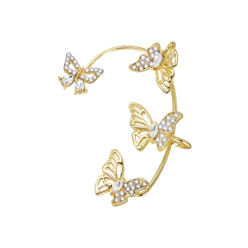 Bowtie Butterfly Design Ear Cuff / Wrap With Inlaid Rhinestones - Left Ear Gold