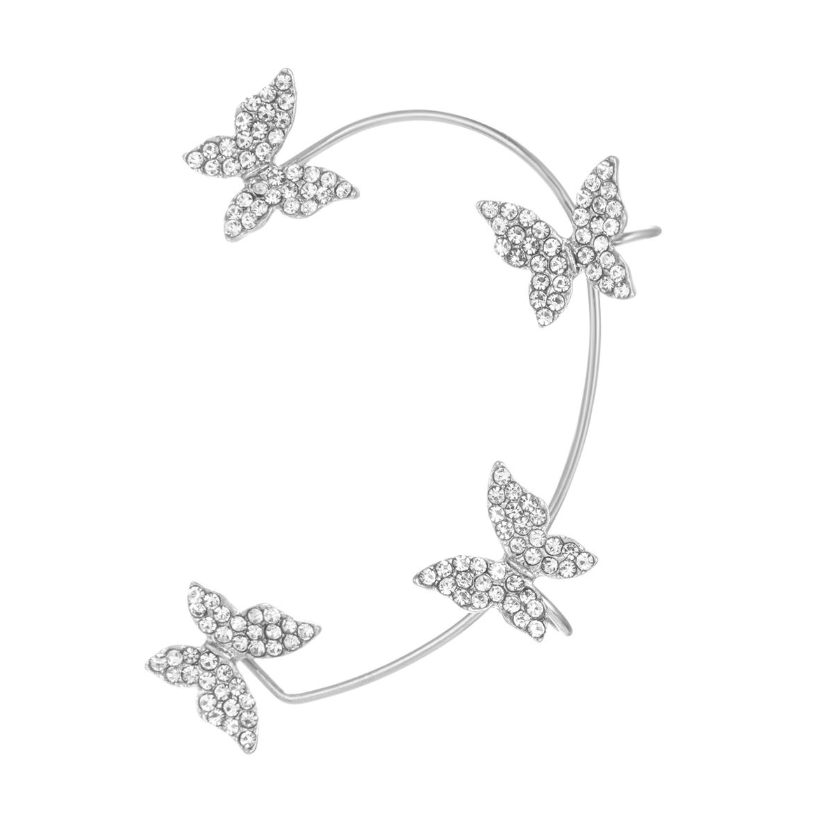 Butterfly Design Ear Cuff / Wrap With Inlaid Rhinestones - Left Ear Silver