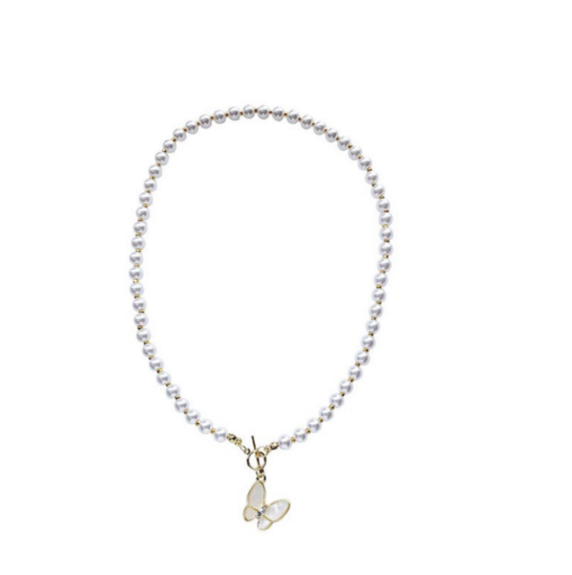 Butterfly Stone Pearl String Necklace