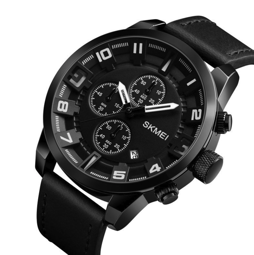Chronograph Quartz Watch With Leather Band - Black & White